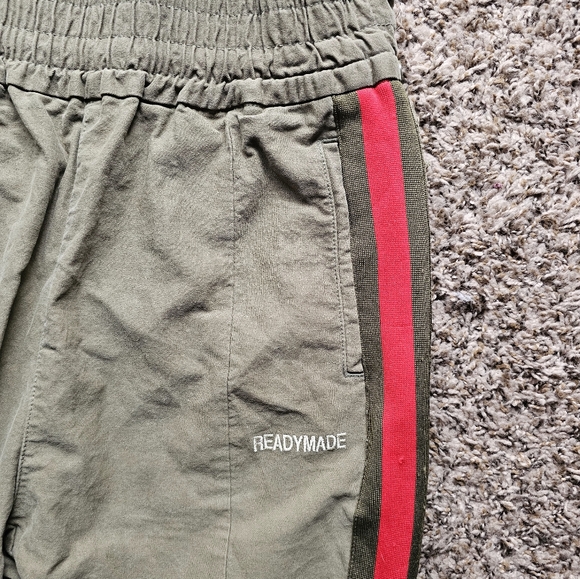 READYMADE Army green Khaki Red stripe clips on sides track pants joggers S-M - Picture 3 of 11